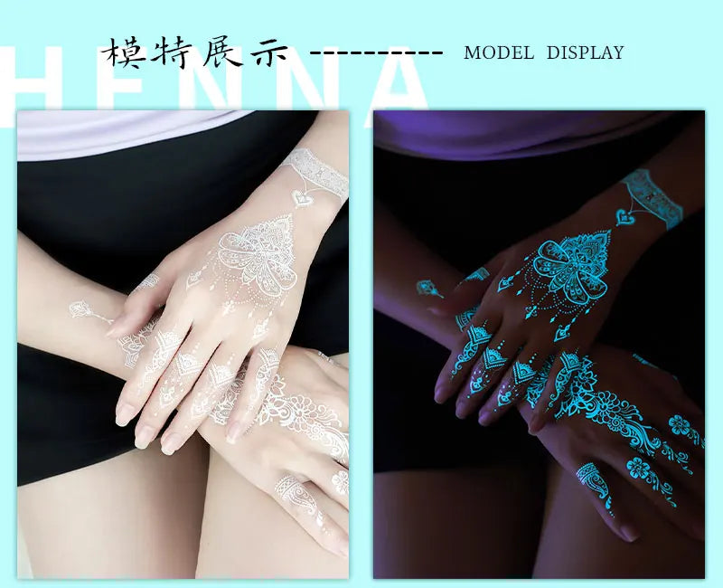 Sexy Tribal Lace Lotus Glow In The Dark Fake Tattoo,Blue Luminous Mandala Flower Temporary Henna Tattoos For Women Girls Hands