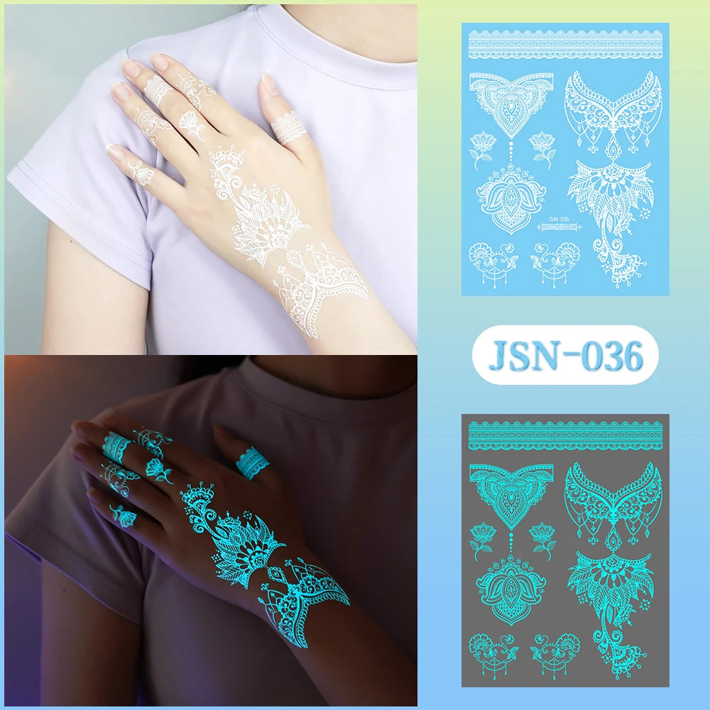Sexy Tribal Lace Lotus Glow In The Dark Fake Tattoo,Blue Luminous Mandala Flower Temporary Henna Tattoos For Women Girls Hands