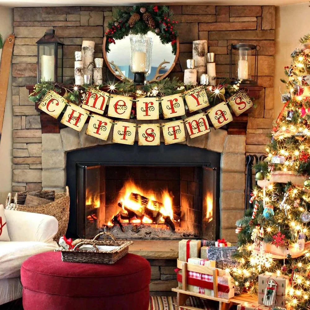 Merry Christmas Banner Christmas Decoration Retro Nostalgic Traditional Xmas Hanging Decor Merry Christmas Sign Fireplace Wall
