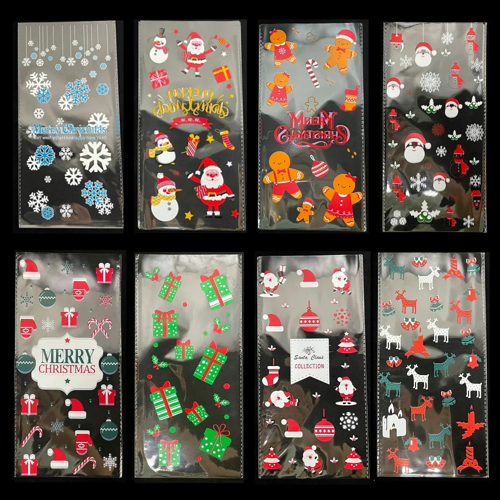 50pcs Christmas Transparent Plastic Gift Bag Candy Biscuit Cookie Snacks Baking Bag New Year Merry Christmas Party Decoration