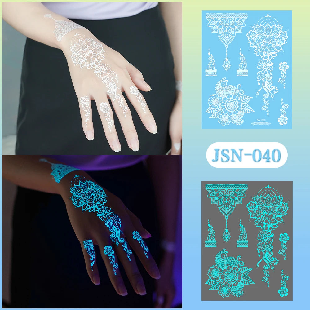 Sexy Tribal Lace Lotus Glow In The Dark Fake Tattoo,Blue Luminous Mandala Flower Temporary Henna Tattoos For Women Girls Hands