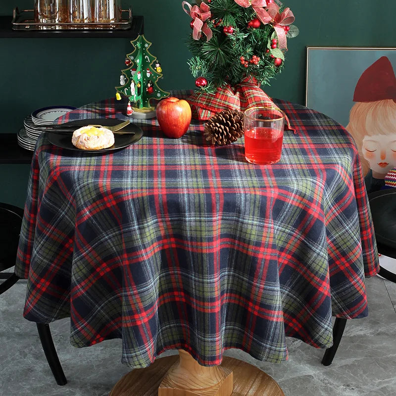 Christmas Tablecloth Round Plaid Tablecloth Wrinkle Resistant Rustic Christmas Checkered Table Cloth for Holiday Party Dining