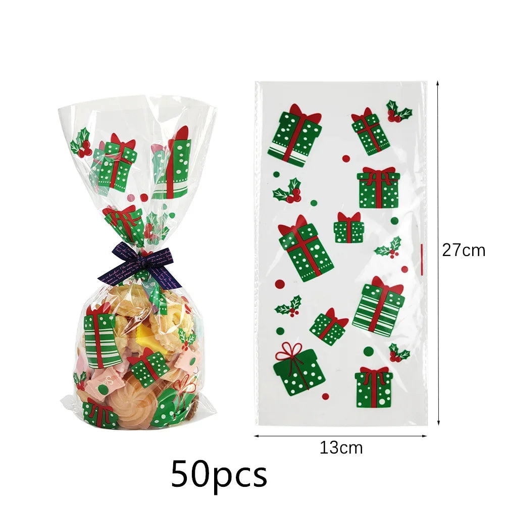 50pcs Christmas Transparent Plastic Gift Bag Candy Biscuit Cookie Snacks Baking Bag New Year Merry Christmas Party Decoration