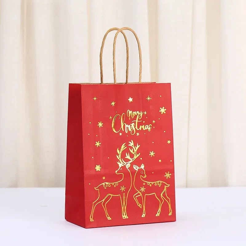 1-24PCS 21X15X8CM Christmas Kraft Paper Handbag Xmas Tree Elk Pattern Gift Candy Cookie Packaging Bags New Year Packing Portable Tote Bags