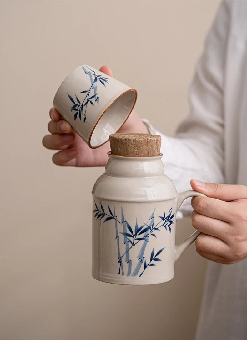 Ceramic Mugs with Cork Stopper Thermoses Handgrip Water Bottle Large Capacity Insulated Cup for Hot Tea Coffee Classic Drinkware