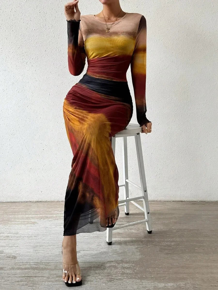 Tie-Dye High Waist Dresses Woman Mesh Print and Pleats Sexy Tight Fitting Slit Round Neck Dress Casual Long Sleeves Streetwear