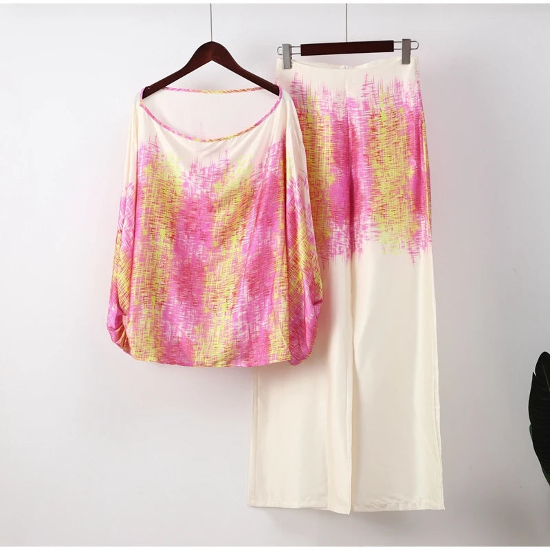 Women Satin Print Pajamas Suit Fashion Hollow Off Shoulder Tops with Long Pants 2 Piece Sets Homewear Commuting Outfits