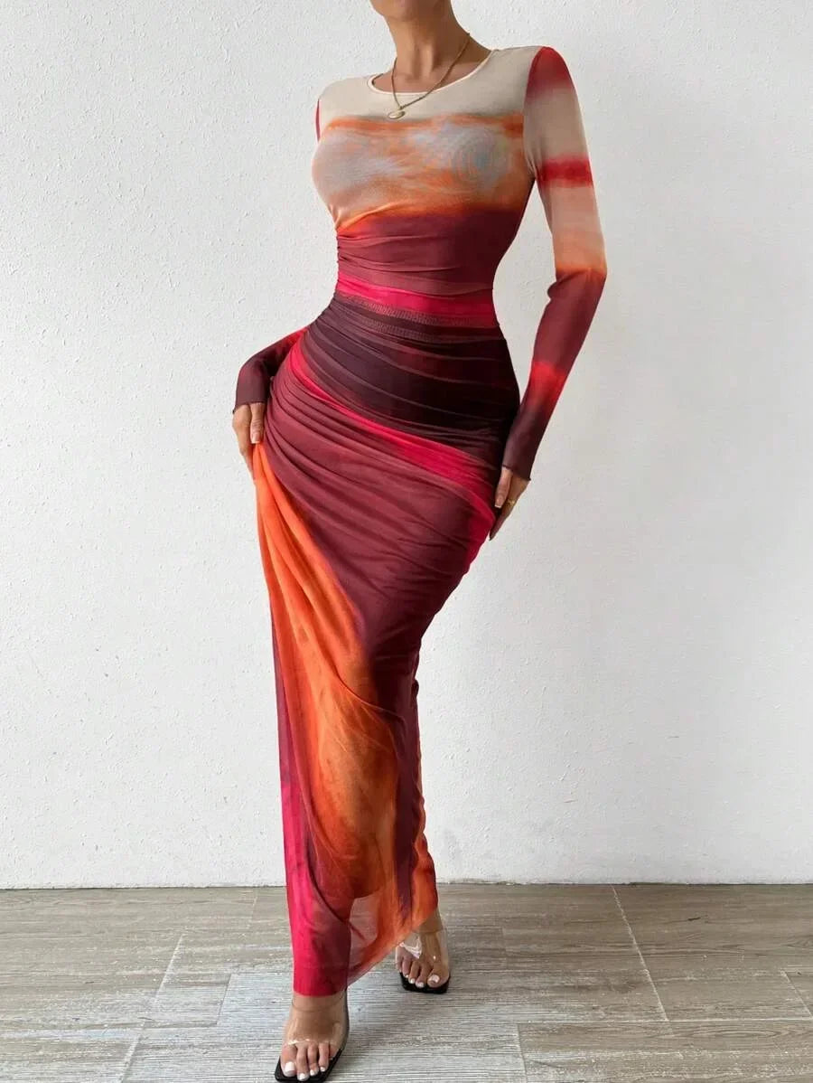 Tie-Dye High Waist Dresses Woman Mesh Print and Pleats Sexy Tight Fitting Slit Round Neck Dress Casual Long Sleeves Streetwear