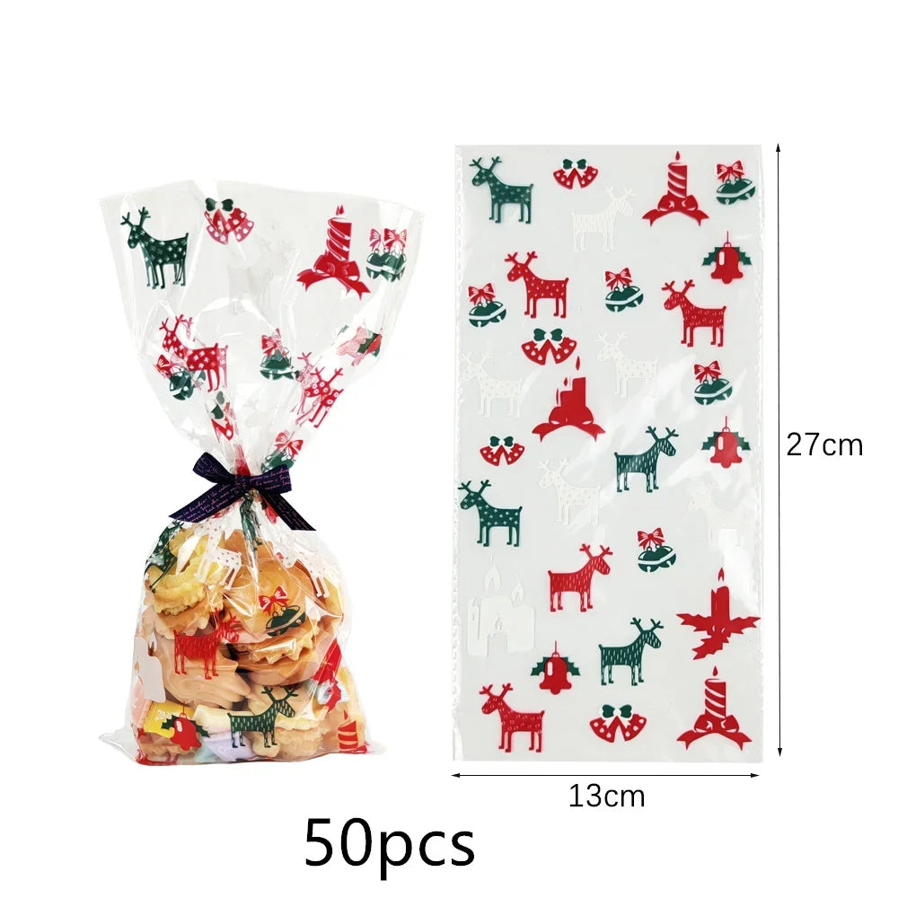 50pcs Christmas Transparent Plastic Gift Bag Candy Biscuit Cookie Snacks Baking Bag New Year Merry Christmas Party Decoration