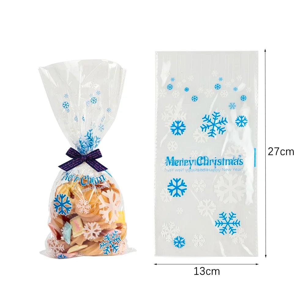 50pcs Christmas Transparent Plastic Gift Bag Candy Biscuit Cookie Snacks Baking Bag New Year Merry Christmas Party Decoration