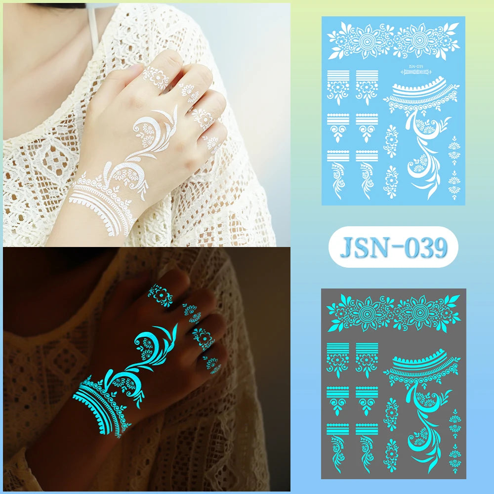 Sexy Tribal Lace Lotus Glow In The Dark Fake Tattoo,Blue Luminous Mandala Flower Temporary Henna Tattoos For Women Girls Hands