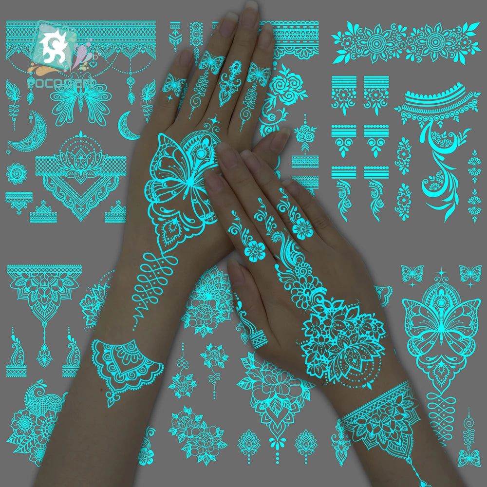 Sexy Tribal Lace Lotus Glow In The Dark Fake Tattoo,Blue Luminous Mandala Flower Temporary Henna Tattoos For Women Girls Hands