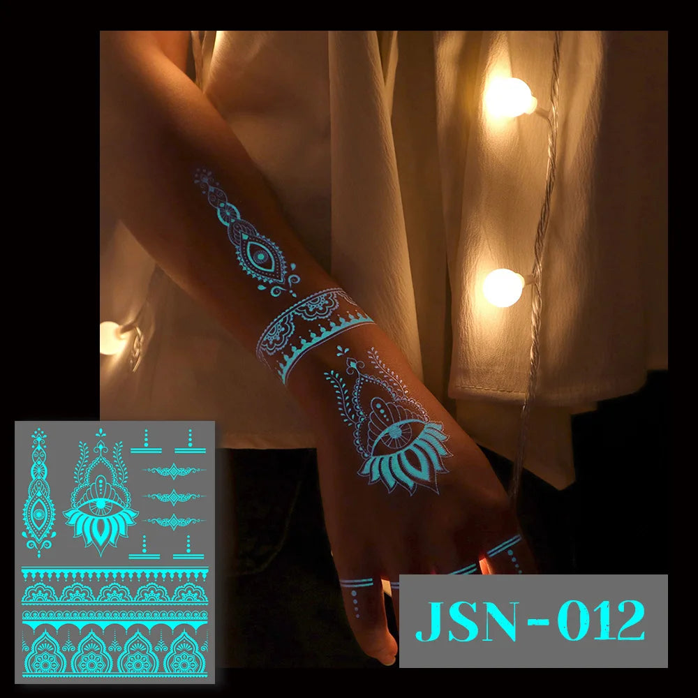 Sexy Tribal Lace Lotus Glow In The Dark Fake Tattoo,Blue Luminous Mandala Flower Temporary Henna Tattoos For Women Girls Hands