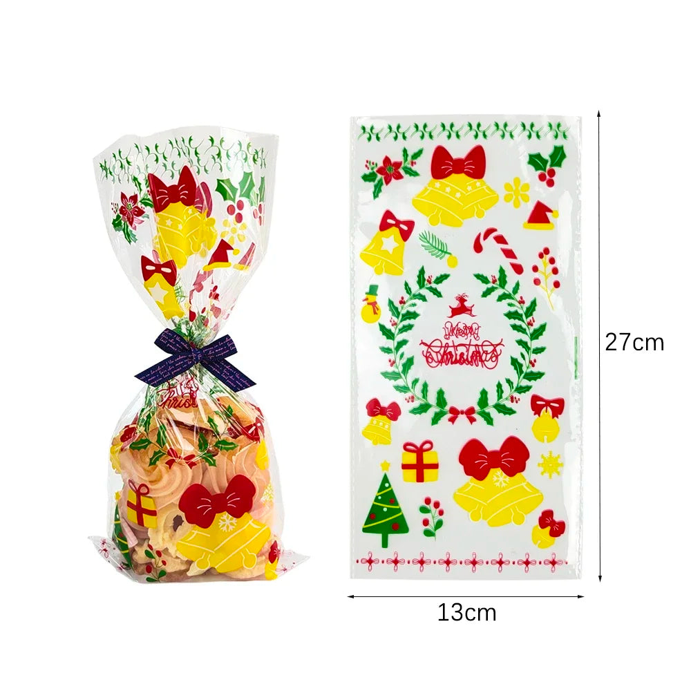 50pcs Christmas Transparent Plastic Gift Bag Candy Biscuit Cookie Snacks Baking Bag New Year Merry Christmas Party Decoration