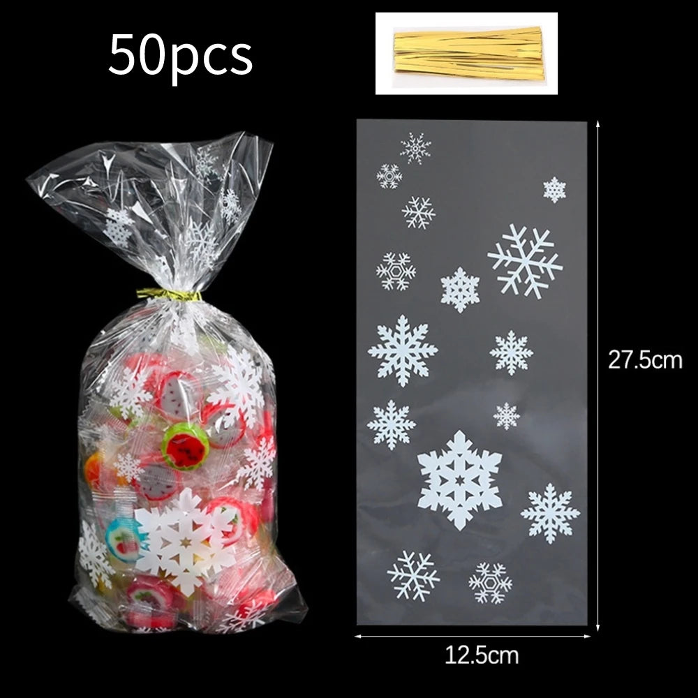 50pcs Christmas Transparent Plastic Gift Bag Candy Biscuit Cookie Snacks Baking Bag New Year Merry Christmas Party Decoration