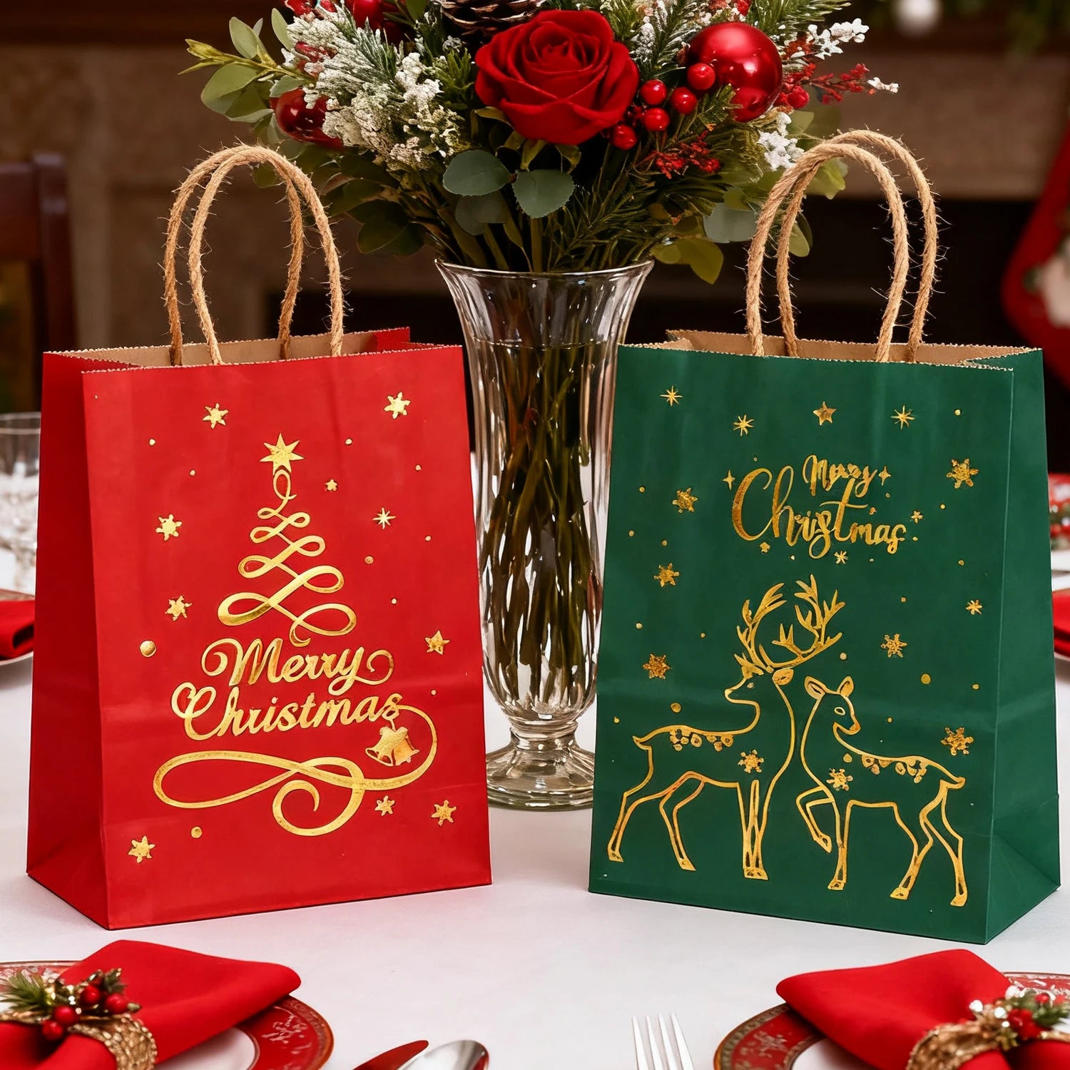 1-24PCS 21X15X8CM Christmas Kraft Paper Handbag Xmas Tree Elk Pattern Gift Candy Cookie Packaging Bags New Year Packing Portable Tote Bags