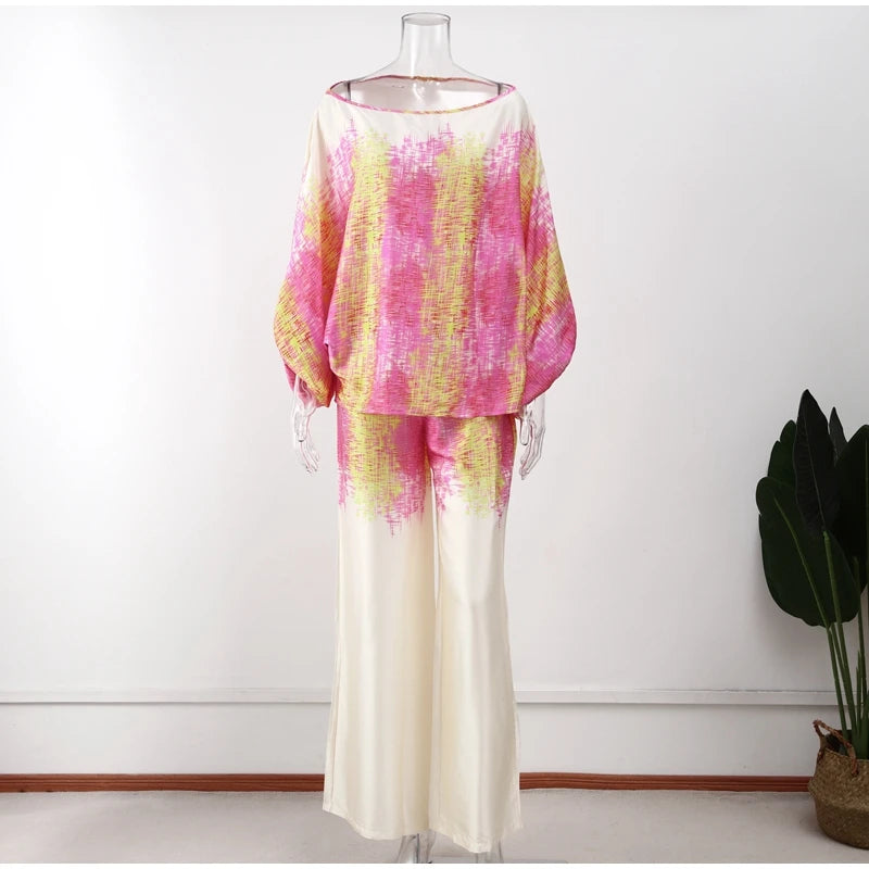 Women Satin Print Pajamas Suit Fashion Hollow Off Shoulder Tops with Long Pants 2 Piece Sets Homewear Commuting Outfits