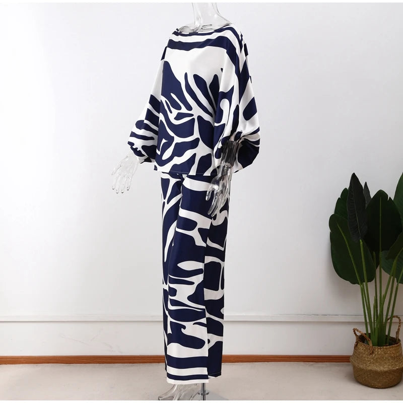 Women Satin Print Pajamas Suit Fashion Hollow Off Shoulder Tops with Long Pants 2 Piece Sets Homewear Commuting Outfits