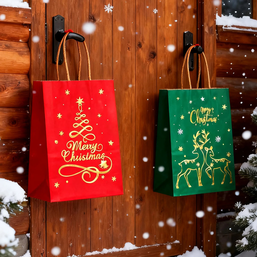 1-24PCS 21X15X8CM Christmas Kraft Paper Handbag Xmas Tree Elk Pattern Gift Candy Cookie Packaging Bags New Year Packing Portable Tote Bags