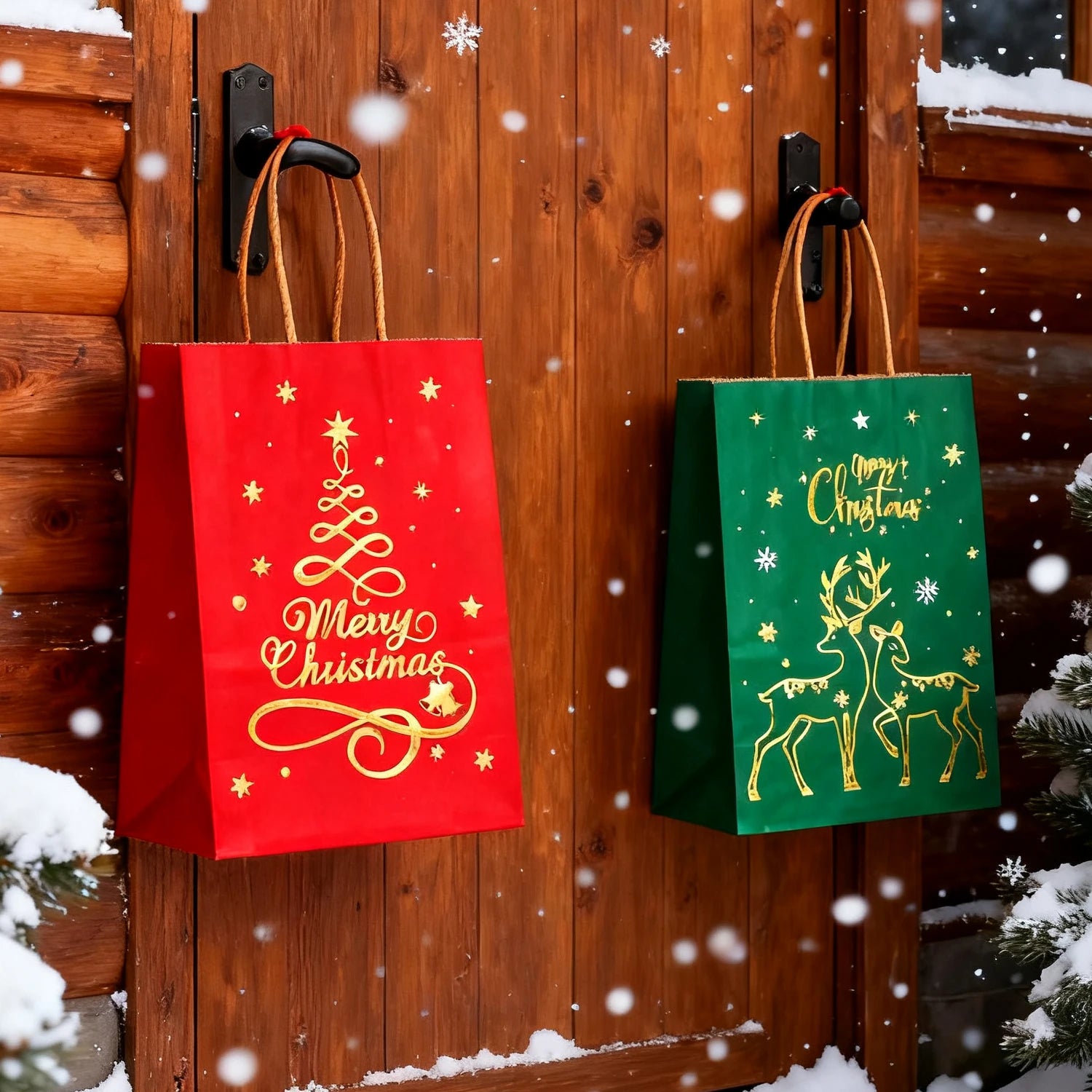 1-24PCS 21X15X8CM Christmas Kraft Paper Handbag Xmas Tree Elk Pattern Gift Candy Cookie Packaging Bags New Year Packing Portable Tote Bags