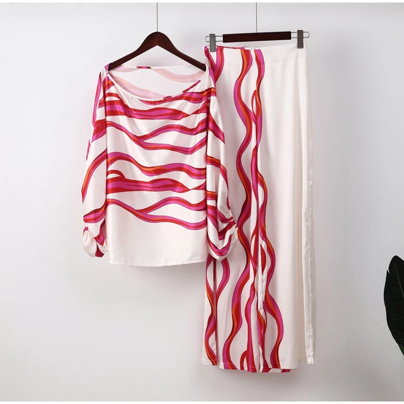 Women Satin Print Pajamas Suit Fashion Hollow Off Shoulder Tops with Long Pants 2 Piece Sets Homewear Commuting Outfits