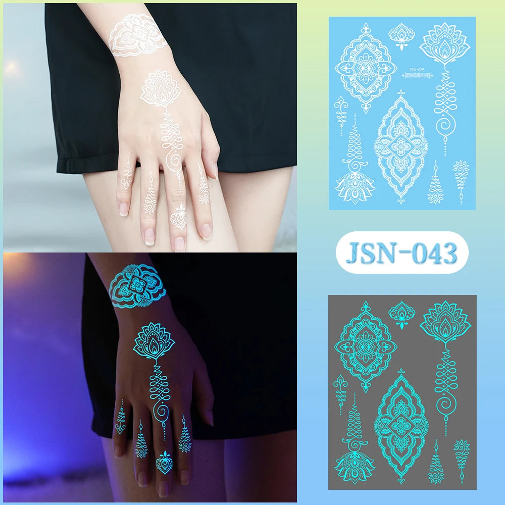 Sexy Tribal Lace Lotus Glow In The Dark Fake Tattoo,Blue Luminous Mandala Flower Temporary Henna Tattoos For Women Girls Hands