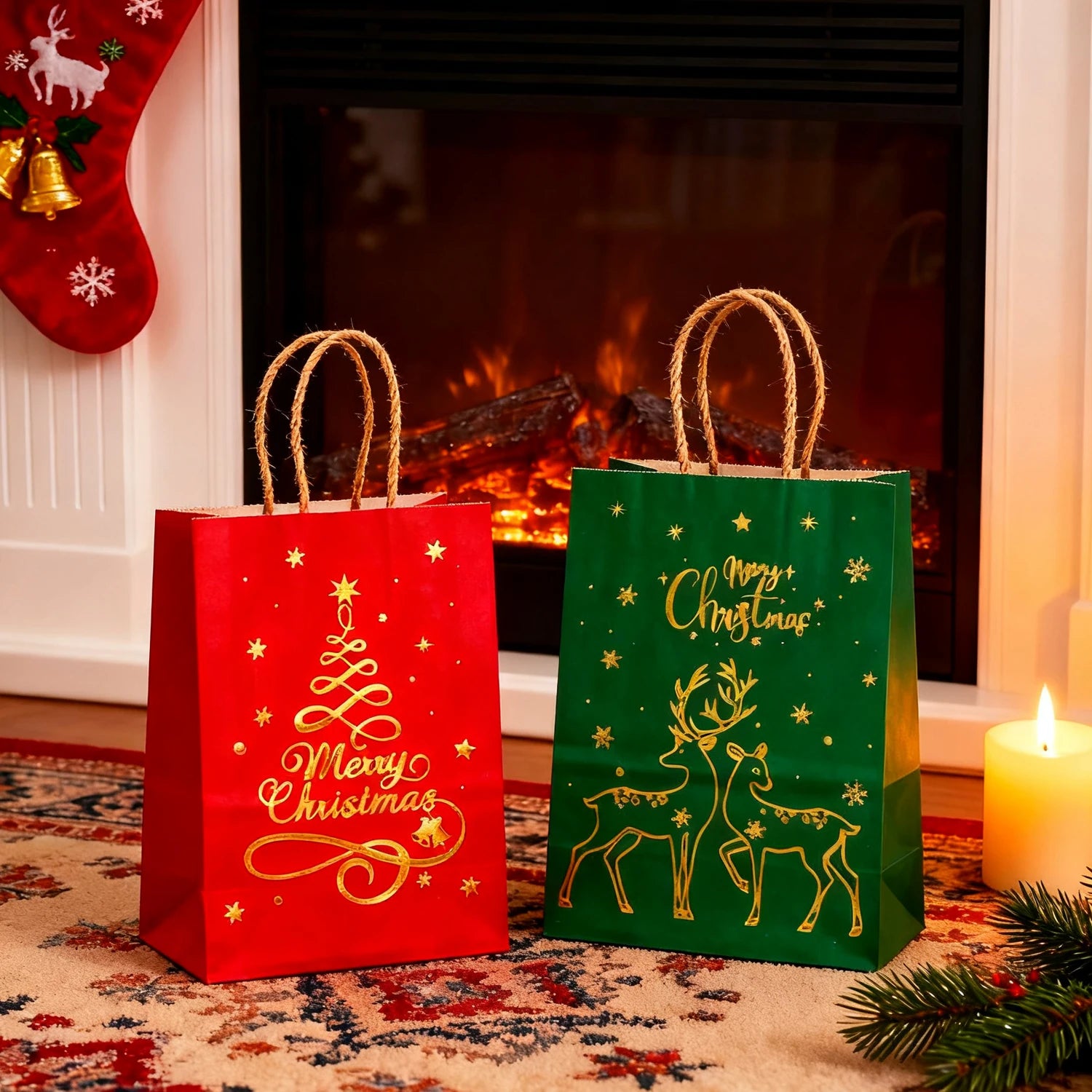 1-24PCS 21X15X8CM Christmas Kraft Paper Handbag Xmas Tree Elk Pattern Gift Candy Cookie Packaging Bags New Year Packing Portable Tote Bags