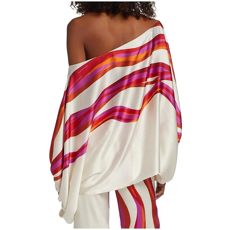 Women Satin Print Pajamas Suit Fashion Hollow Off Shoulder Tops with Long Pants 2 Piece Sets Homewear Commuting Outfits