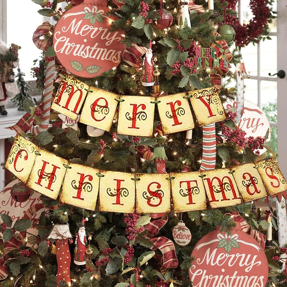 Merry Christmas Banner Christmas Decoration Retro Nostalgic Traditional Xmas Hanging Decor Merry Christmas Sign Fireplace Wall