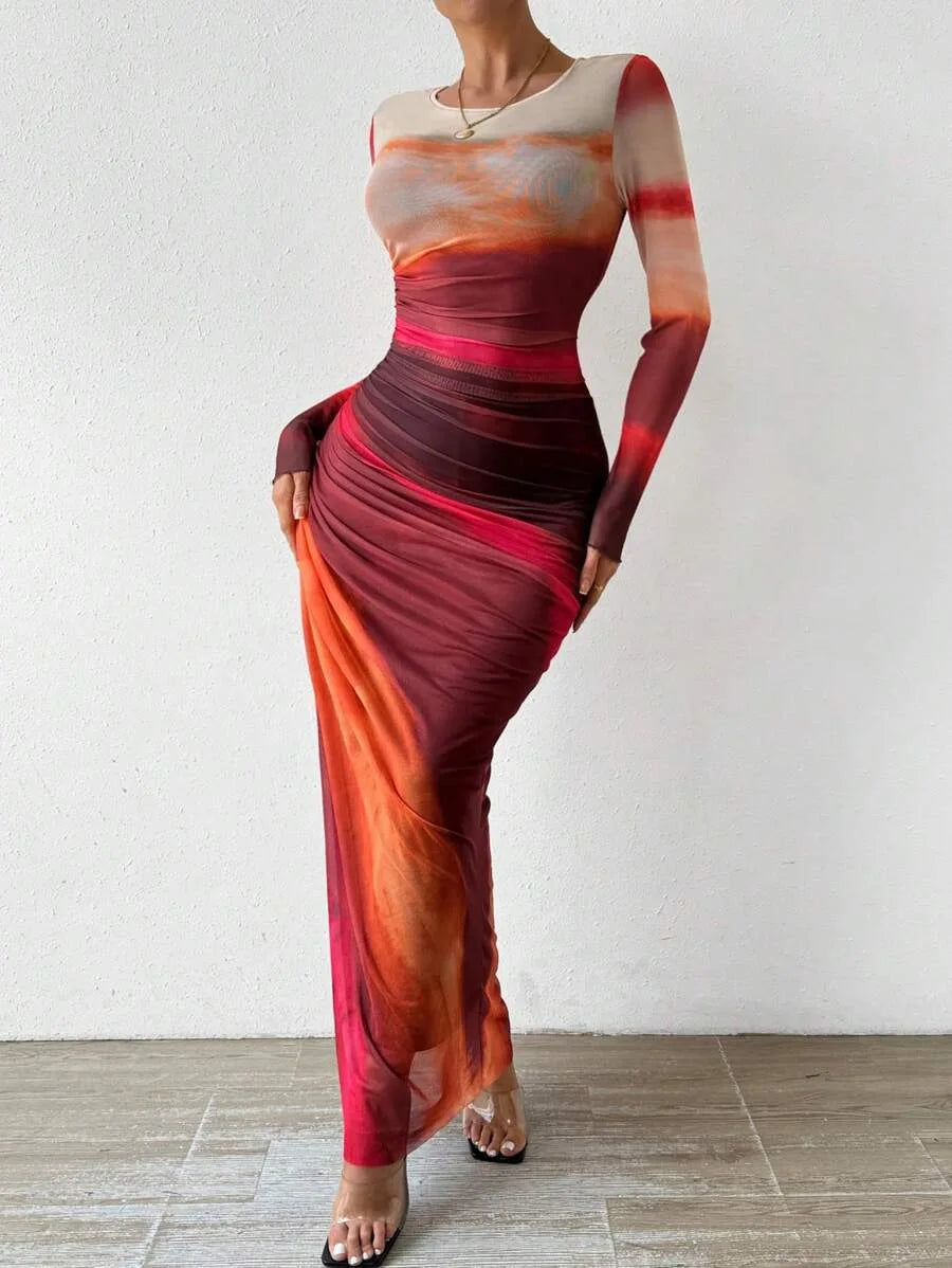 Tie-Dye High Waist Dresses Woman Mesh Print and Pleats Sexy Tight Fitting Slit Round Neck Dress Casual Long Sleeves Streetwear