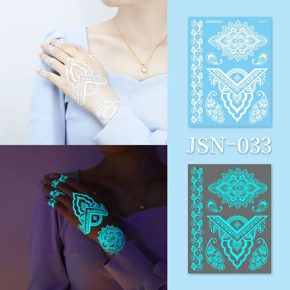 Sexy Tribal Lace Lotus Glow In The Dark Fake Tattoo,Blue Luminous Mandala Flower Temporary Henna Tattoos For Women Girls Hands