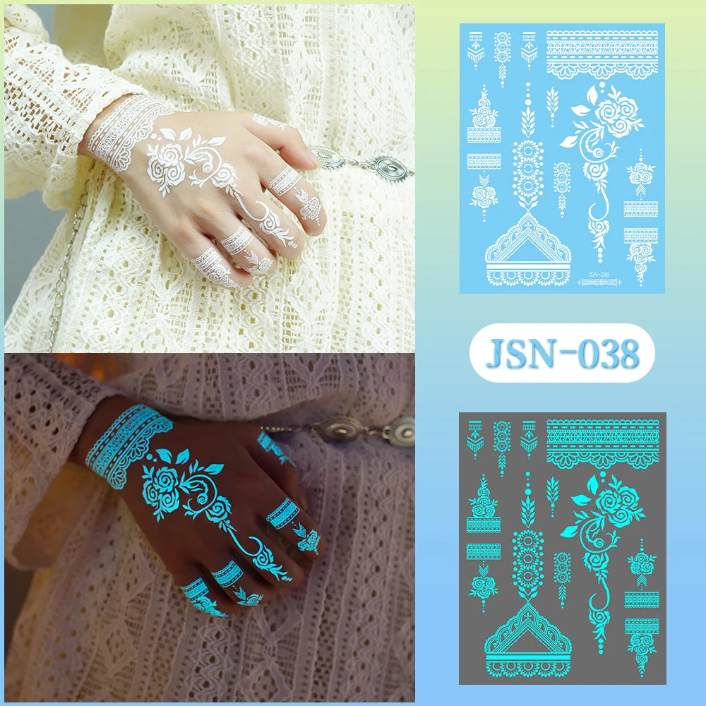 Sexy Tribal Lace Lotus Glow In The Dark Fake Tattoo,Blue Luminous Mandala Flower Temporary Henna Tattoos For Women Girls Hands