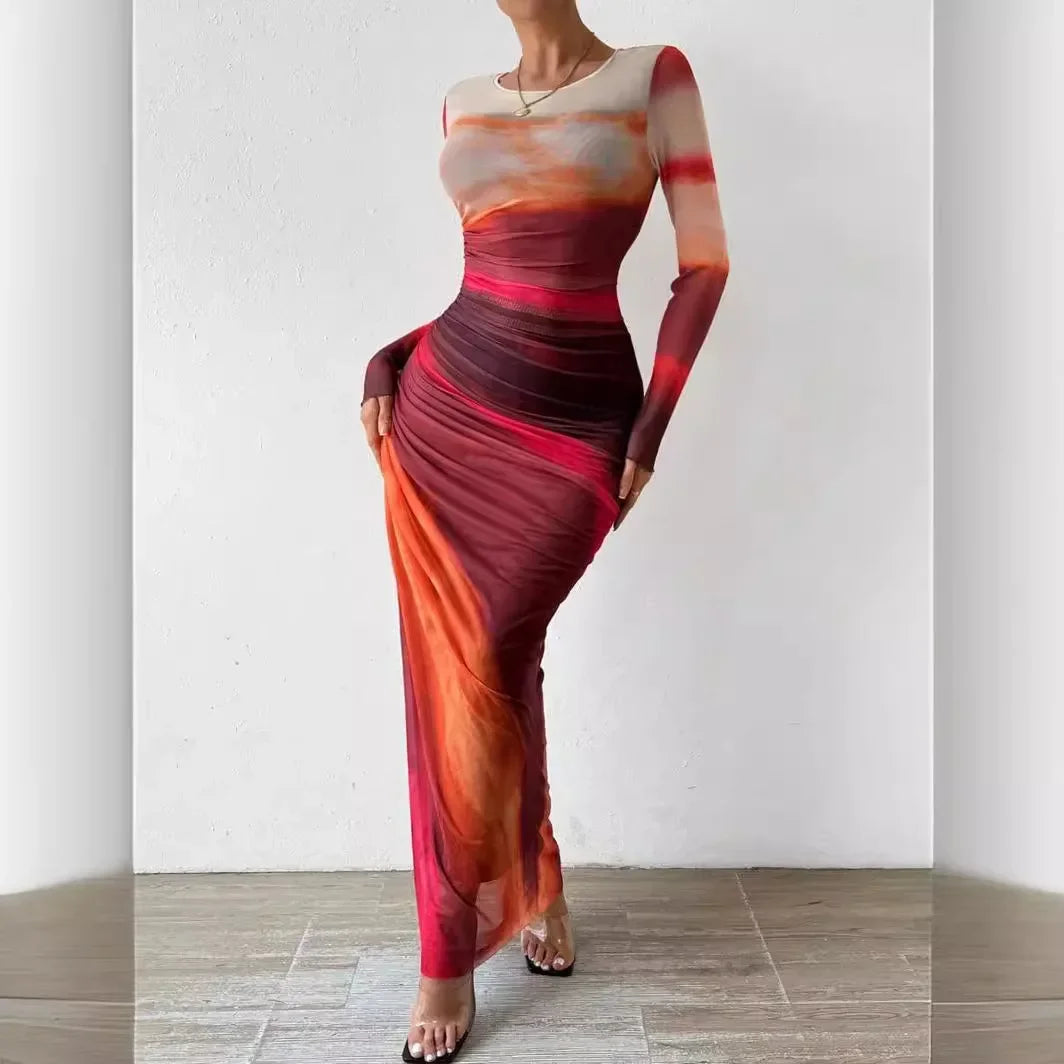 Tie-Dye High Waist Dresses Woman Mesh Print and Pleats Sexy Tight Fitting Slit Round Neck Dress Casual Long Sleeves Streetwear