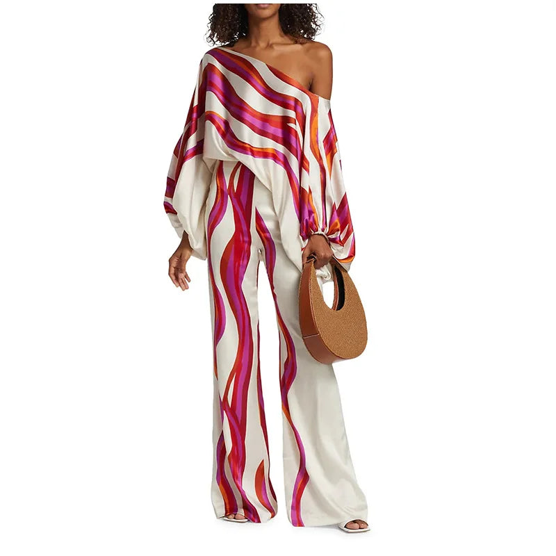 Women Satin Print Pajamas Suit Fashion Hollow Off Shoulder Tops with Long Pants 2 Piece Sets Homewear Commuting Outfits