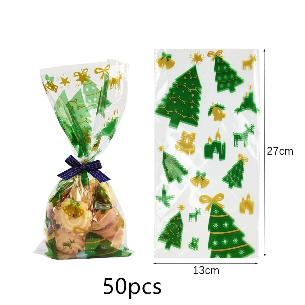 50pcs Christmas Transparent Plastic Gift Bag Candy Biscuit Cookie Snacks Baking Bag New Year Merry Christmas Party Decoration