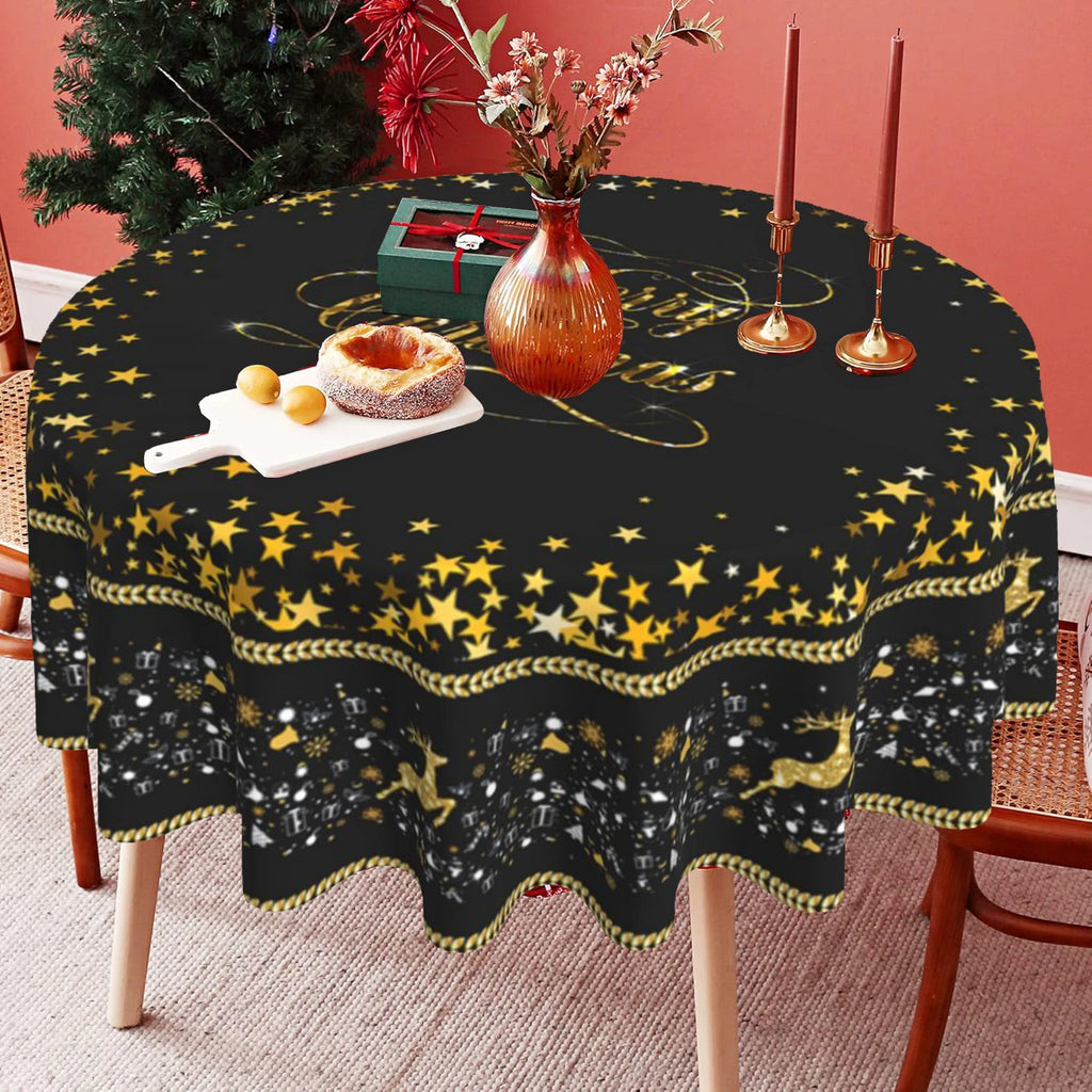 Christmas Tablecloth Black Merry Christmas Round Table Cloth Christmas Elk and Presents Table Cover Fabric Home Decoration Gift