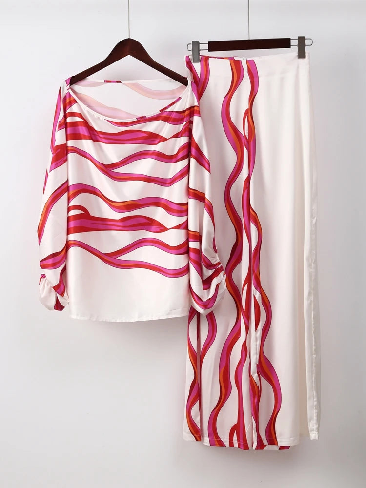 Women Satin Print Pajamas Suit Fashion Hollow Off Shoulder Tops with Long Pants 2 Piece Sets Homewear Commuting Outfits