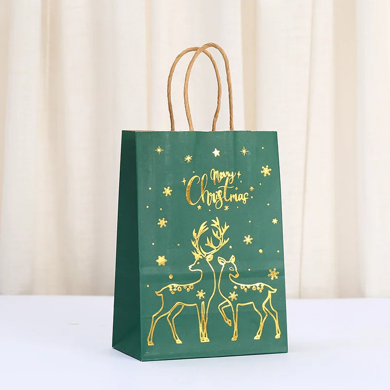 1-24PCS 21X15X8CM Christmas Kraft Paper Handbag Xmas Tree Elk Pattern Gift Candy Cookie Packaging Bags New Year Packing Portable Tote Bags