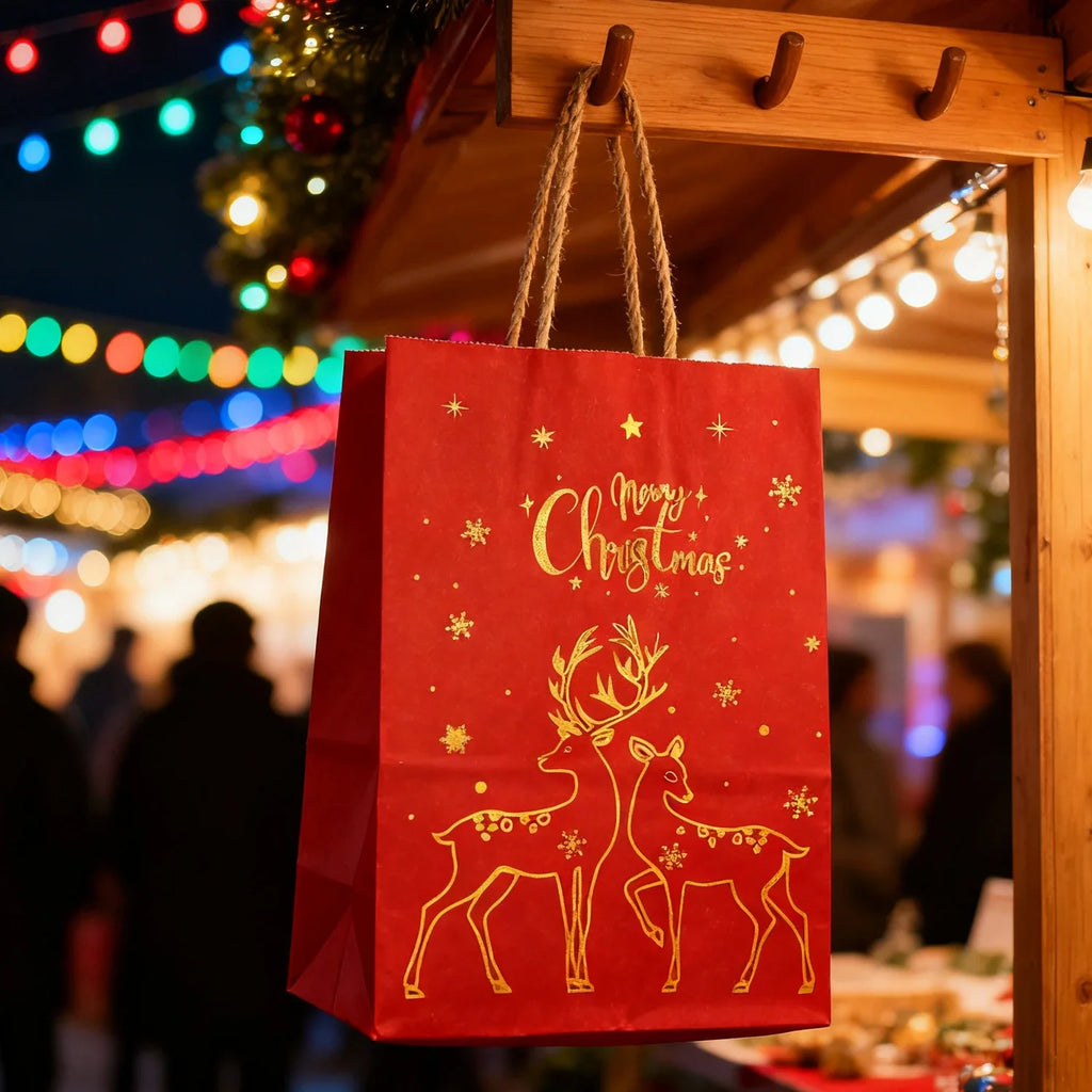 1-24PCS 21X15X8CM Christmas Kraft Paper Handbag Xmas Tree Elk Pattern Gift Candy Cookie Packaging Bags New Year Packing Portable Tote Bags