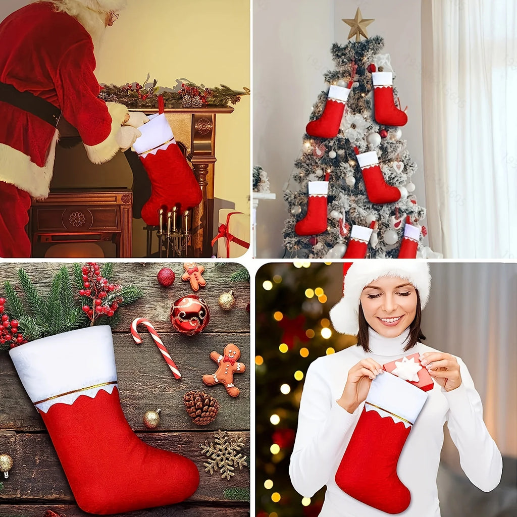 12pcs/Pack Christmas Socks Gift Bag Big Red Socks White Gold Thread Christmas Socks Non woven Light Plate Socks