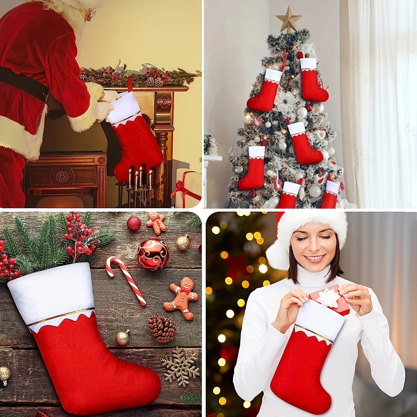 12pcs/Pack Christmas Socks Gift Bag Big Red Socks White Gold Thread Christmas Socks Non woven Light Plate Socks