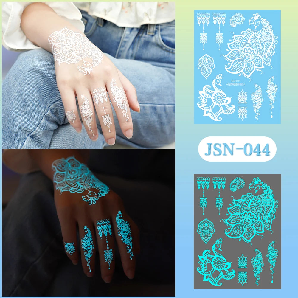 Sexy Tribal Lace Lotus Glow In The Dark Fake Tattoo,Blue Luminous Mandala Flower Temporary Henna Tattoos For Women Girls Hands