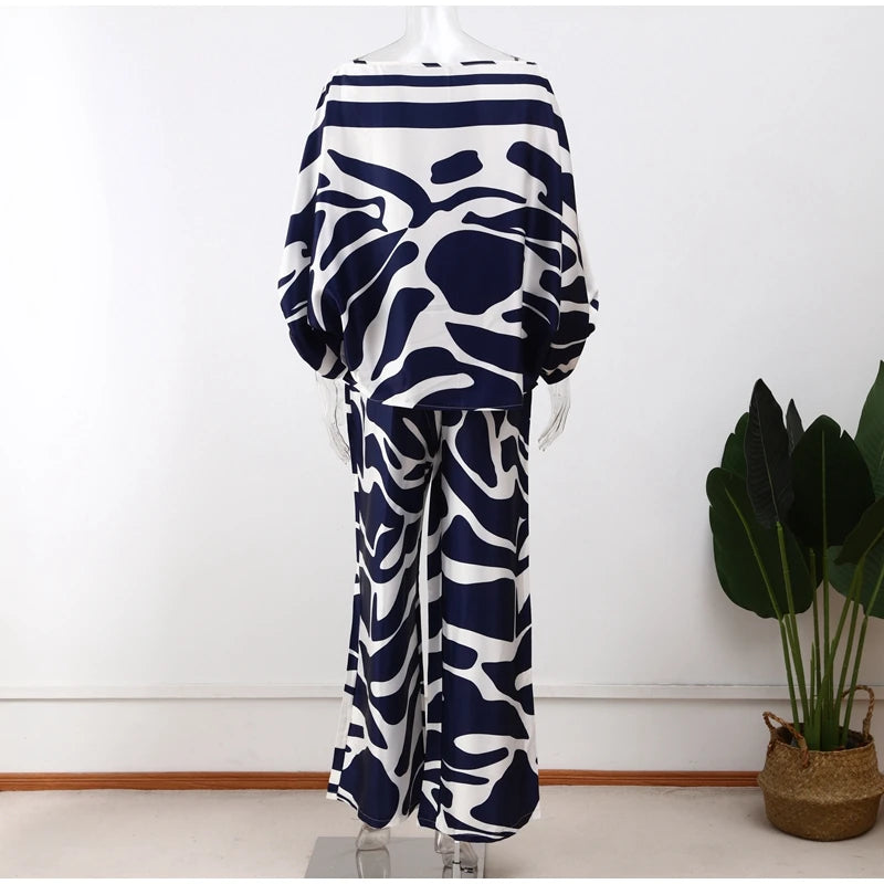 Women Satin Print Pajamas Suit Fashion Hollow Off Shoulder Tops with Long Pants 2 Piece Sets Homewear Commuting Outfits