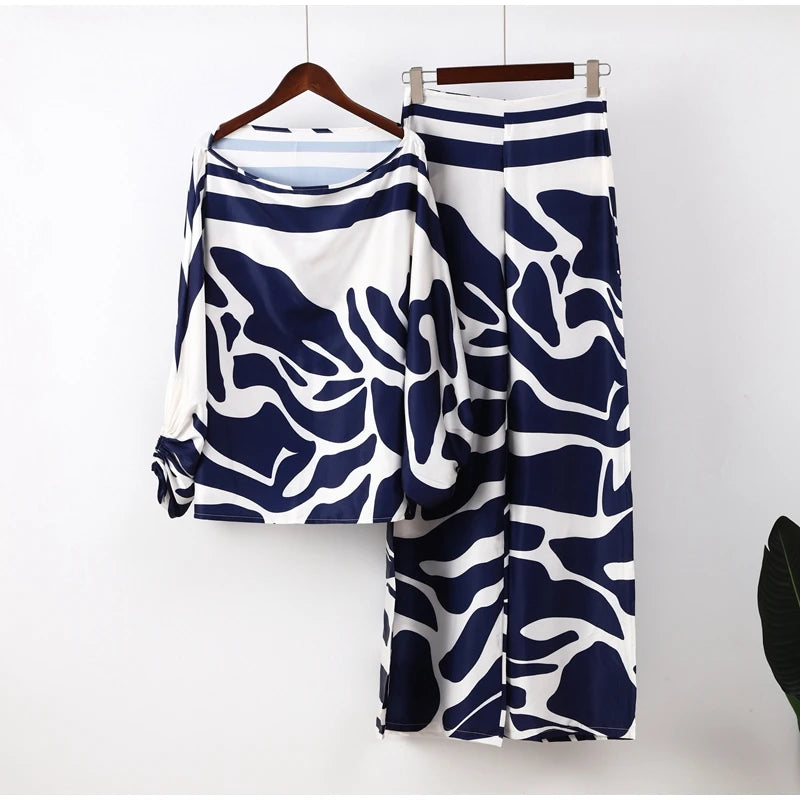 Women Satin Print Pajamas Suit Fashion Hollow Off Shoulder Tops with Long Pants 2 Piece Sets Homewear Commuting Outfits