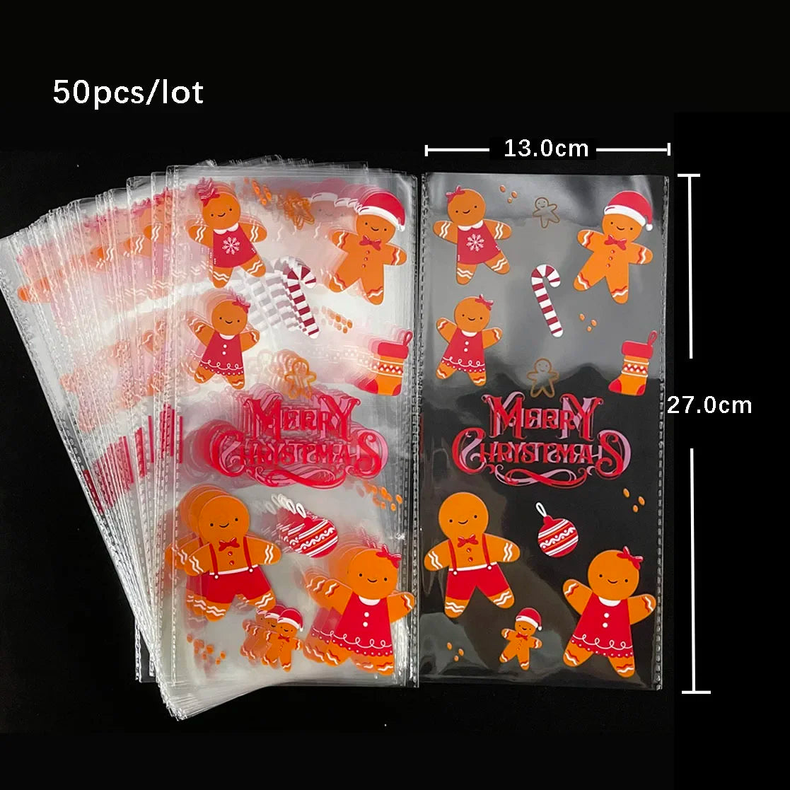 50pcs Christmas Transparent Plastic Gift Bag Candy Biscuit Cookie Snacks Baking Bag New Year Merry Christmas Party Decoration