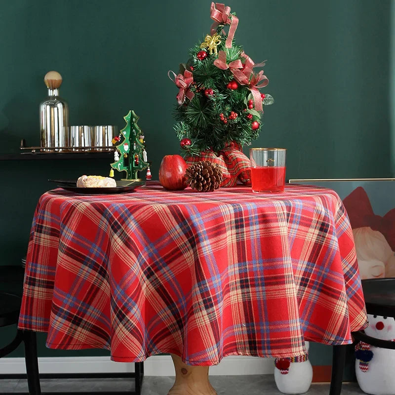 Christmas Tablecloth Round Plaid Tablecloth Wrinkle Resistant Rustic Christmas Checkered Table Cloth for Holiday Party Dining
